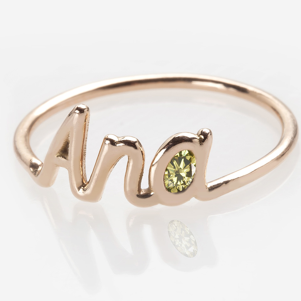 Name Ring with a Natural Green Diamond