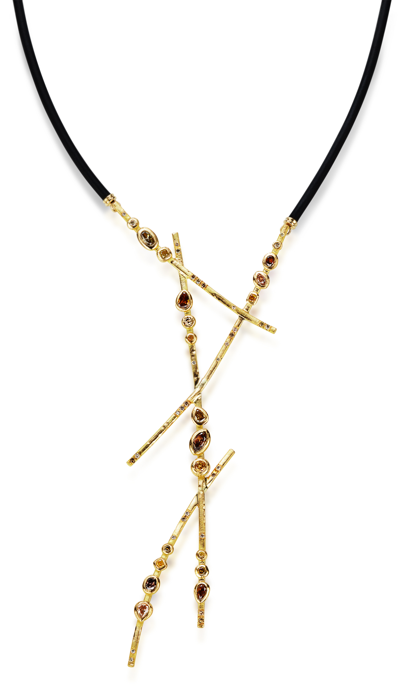Crossroads necklace in 18K recycled gold featuring colored diamonds (4.41 TCW) and sand pavé on a 22-inch adjustable black leather cord and chain